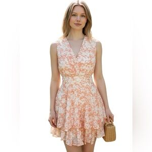 Japna Peach Floral Print V-Neck Tiered Ruffle Hem Sleeveless Dress Size M NWT